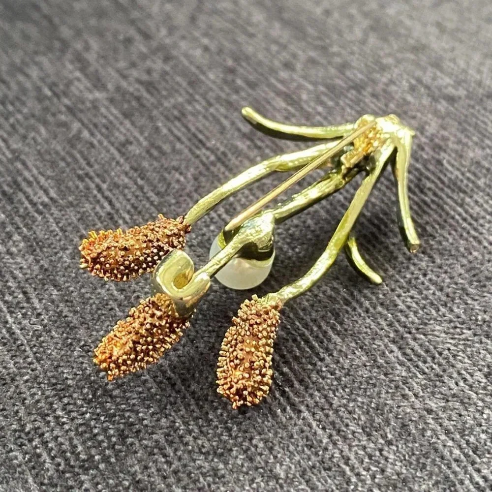 Cattail Enamel Brooch with Faux Pearl